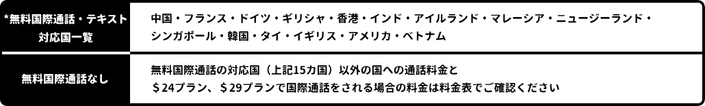 *国際通話対応国一覧：中国・フランス・ドイツ・ギリシャ・香港・インド・インドネシア・アイルランド・マレーシア・ニュージーランド・シンガポール・韓国・タイ・イギリス・アメリカ・ベトナム