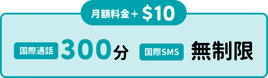 オーストラリアSIM「サクっとSIM AUS」の国際オプション料金表示。月額料金に$10追加で日本を含む対象国への国際通話300分と国際SMS無制限が利用可能