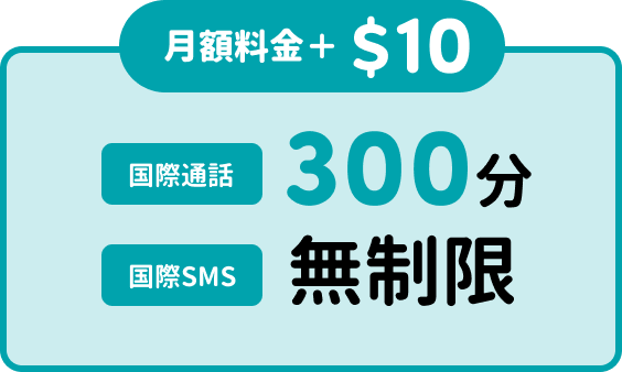 オーストラリアSIM「サクっとSIM AUS」の国際オプション料金表示。月額料金に$10追加で日本を含む対象国への国際通話300分と国際SMS無制限が利用可能