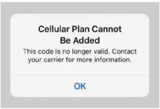 英語表示のエラー「Cellular Plan Cannot Be Added」