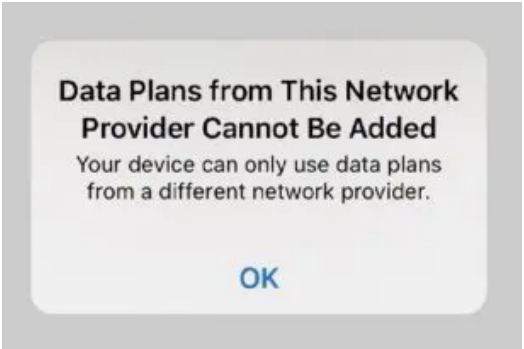 英語表示のエラー「Data Plans from This Network Provider Cannot Be Added」