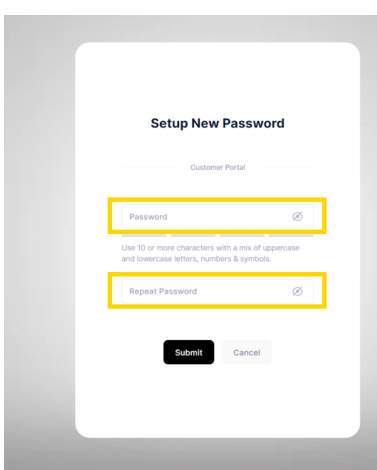 Setup New Passwordの画面。パスワードと確認用パスワードの入力欄